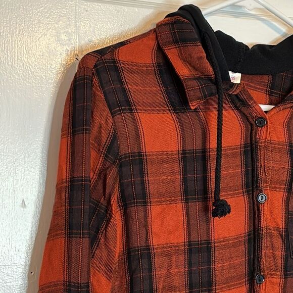 NOBO No Boundaries Juniors Orange and black button up plaid hoodie size m 7-9 - Picture 2 of 5